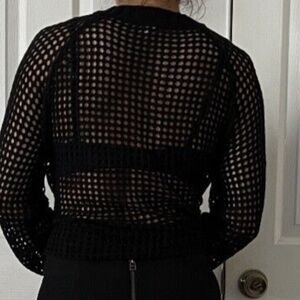 Women Crochet Cover Up Hollow Out  Sweater Long Sleeve Pullover Top Black Sz. S